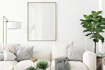 Scandinavian style living room with poster mockup created with generative ai