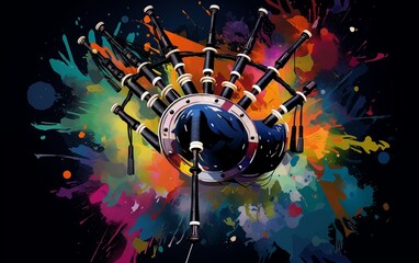 Abstract and colorful illustration of bagpipes on a black background
