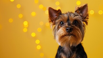 Naklejka premium Cute dog on yellow background after grooming. Dog portrait. Copy Space. Place for text