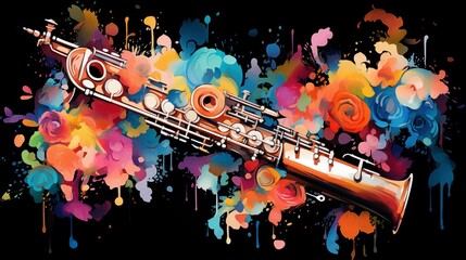 Abstract and colorful illustration of a clarinet on a black background - obrazy, fototapety, plakaty