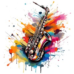 Abstract and colorful illustration of a saxophone on a white background - obrazy, fototapety, plakaty