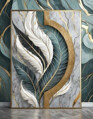 panel wall art, marble background with feather designs , Ai Generate
