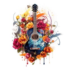 Abstract and colorful illustration of a guitar on a white background with flowers