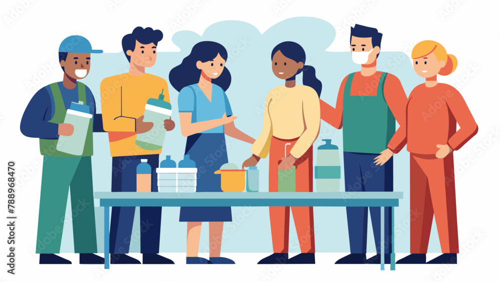 Aufkleber a group of individuals standing around a table learning how to properly store and purify water durin