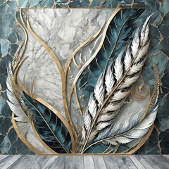 panel wall art, marble background with feather designs , Ai Generate