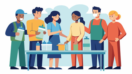 A group of individuals standing around a table learning how to properly store and purify water during a disaster preparedness workshop.