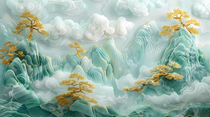 Fototapeta na wymiar Gold inlaid jade carving mountains abstract art poster background 