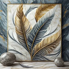 panel wall art, marble background with feather designs , Ai Generate