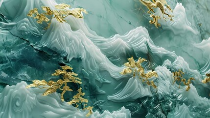 Gold inlaid jade carving mountains abstract art poster background
