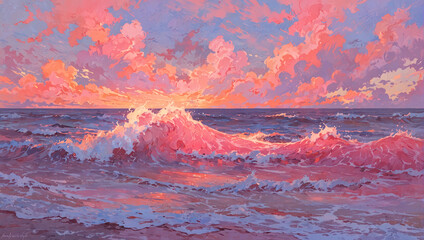The pink sunset over the sea