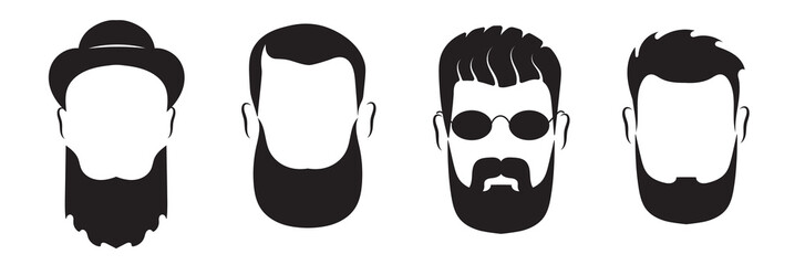 PNG, Set of bearded men silhouette faces hipster style with different haircuts. Long beard with facial hair man. Handsome man symbolizes the icons. Vector illustration