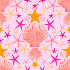 pink shell and orange starfish or sea star seamless pattern. marine animals background. good for fabric, fashion design, wallpaper, resort wear, sport wear, swim wear, textile, clothing.