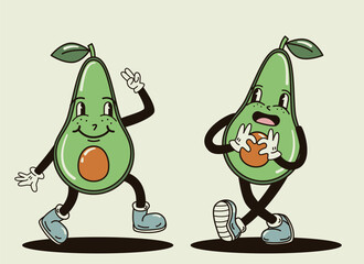 Cute and funny avocado characters in a groovy style vector illustration