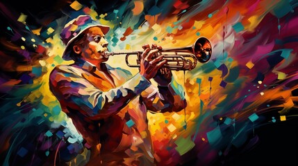 Abstract and colorful illustration of a man playing trumpet on a black background - obrazy, fototapety, plakaty