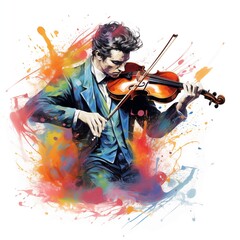 Abstract and colorful illustration of a man playing violin on a white background - obrazy, fototapety, plakaty