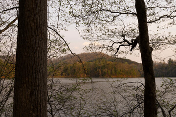 A scenic spring landscape view of Lake Santeetlah in the Nantahala National Forest in the mountains of western North Carolina. 