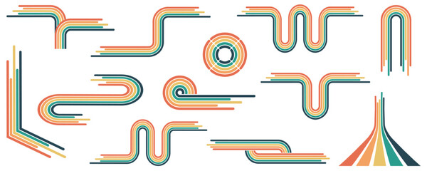 70s poster elements rainbow isolated of collection. Vector of rainbow curve and colorful, geometric 70s and 60s groovy illustration