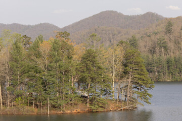 A scenic spring landscape view of Lake Santeetlah in the Nantahala National Forest in the mountains of western North Carolina. 