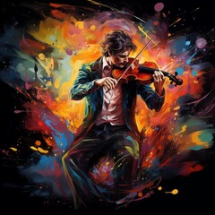 Fototapeta premium Abstract and colorful illustration of a man playing violin on a black background