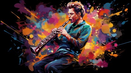 Abstract and colorful illustration of a man playing clarinet on a black background - obrazy, fototapety, plakaty