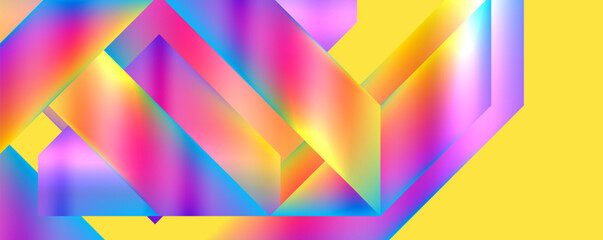 Colorfulness and symmetry blend in a creative arts piece with geometric shapes like triangles and rectangles in vibrant tints like magenta and electric blue, set against a sunny yellow background