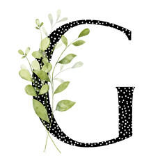 Letter G, floral monogram with watercolor leaf. Letterhead, initial perfectly for wedding invitation, greeting card, logo, poster and other design. Holiday design hand painting.