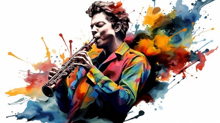 Abstract and colorful illustration of a man playing clarinet on a white background - obrazy, fototapety, plakaty