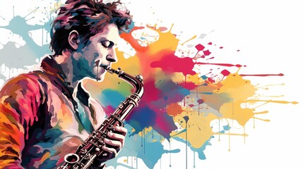 Abstract and colorful illustration of a man playing saxophone on a white background - obrazy, fototapety, plakaty