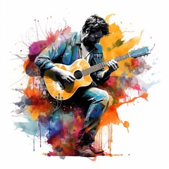 Abstract and colorful illustration of a man playing guitar on a white background