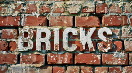 Fototapeta na wymiar Red bricks wall background with written word Bricks on it