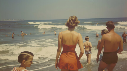 Vintage retro photography of an american family at the beach in the fifties , 1950s summer holiday historical image - Powered by Adobe