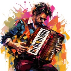 Abstract and colorful illustration of a man playing accordion on a white background