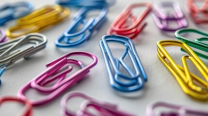 colorful paperclip pins with a white background, Closeup, Top view of multicolored paperclips on white background, Abstract background, Office stationery supplies concepts,
