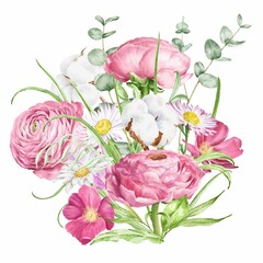 Pink peony flowers botanical watercolor composition 