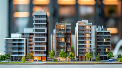 Miniature modern condo building models arranged in a row with varying heights, showcasing the...