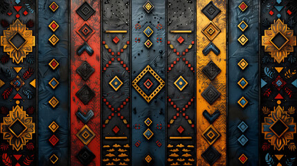 Frame, African and design, ancient art and texture of background, object and culture of illustration. Textile, pattern and creative with lines, style and decoration, vintage and tribal and shape