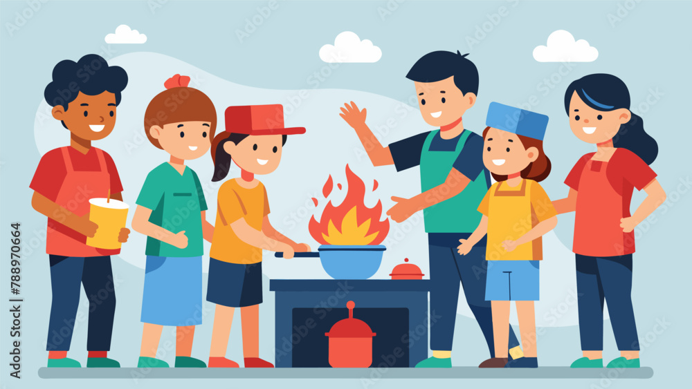 Poster a group of students practicing how to safely put out a kitchen fire during a disaster preparedness w