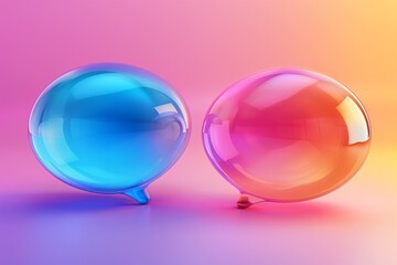 Glass-like chat bubbles with gradient circle backgrounds and transparent frosted acrylic material, illustrated in a realistic matte plexiglass design.