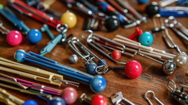 office desk group of pin and clip on wooden desk ,image of buttons and paper clips closeup, colored paper clips, button on wooden background, colorful push pins. office and school supply background



