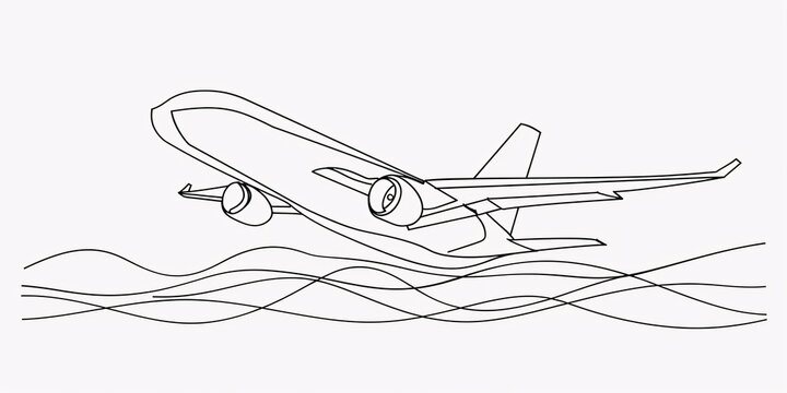Airplane in flight depicted with a single line. Symbol for travel. Isolated illustration on a white background.