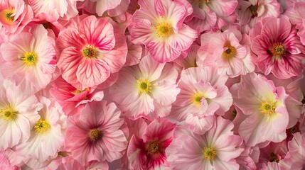 The Pink Flowers card backdrop showcases a stunning close up of the Primula Belarina flower along with a vibrant display of the Double Primrose bloom variety Spring Flirt in mesmerizing det