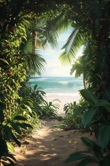 Fototapeta na wymiar 3D animated tropical gateway, serene beach landscape, realistic waves and lush foliage