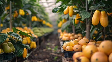 Papayas are cultivated in a lush garden alongside exotic fruits, with plantations of papaya trees and diverse tropical plants producing ripe, nutritious fruits in enclosed structures.