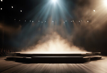 Generated smoke rays performance clouds artificial intelligence spotlights An empty stage studio...