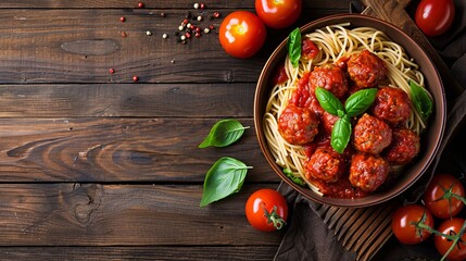 Pasta and meatballs in red sauce on rustic table. - obrazy, fototapety, plakaty