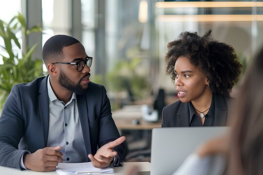 young business man and woman talking in the office, a conversation during a meeting in a modern conference room. presenting to a colleague about launching a new product or service. generative AI