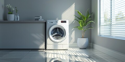 Contemporary gray laundry area with a washing appliance.