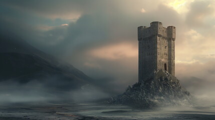 A lone castle tower stands defiant against the onslaught of the enemy horde - Powered by Adobe