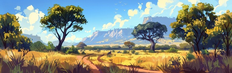 A painting of a savanna with a road in the middle