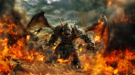 Orc warrior clad in armor bellows a battle cry, surrounded by the fiery chaos of war